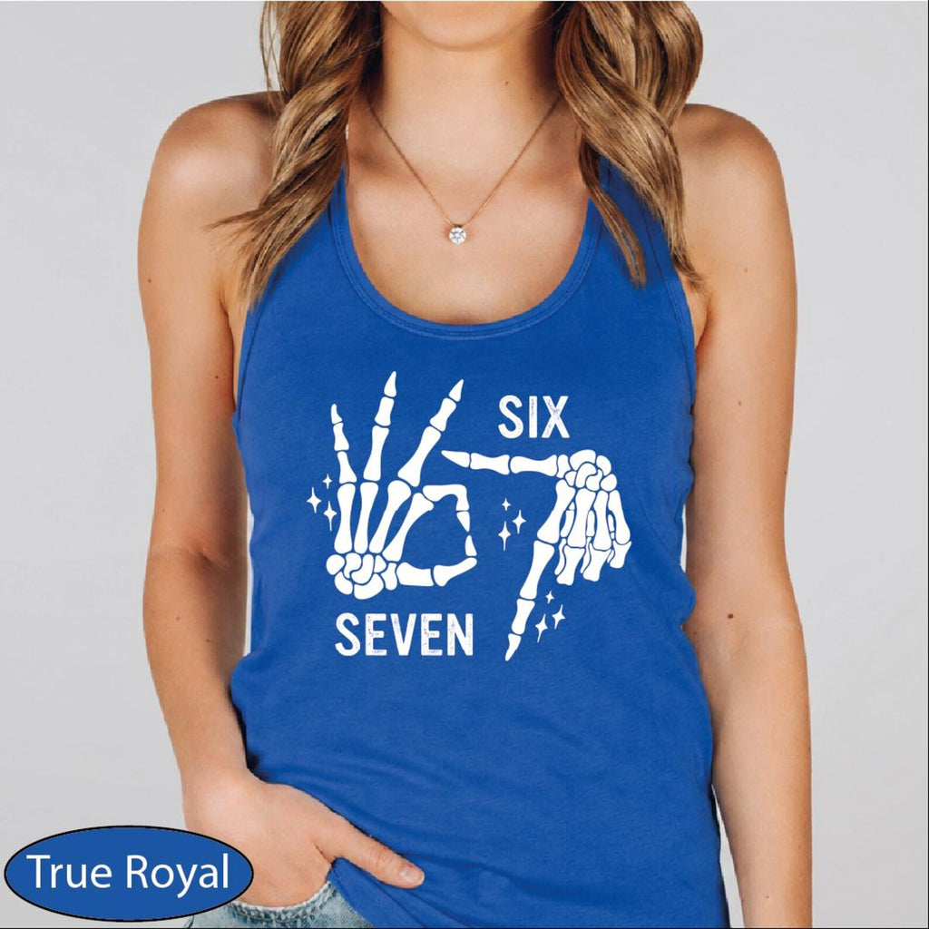6 7 Skeleton Hand Tank Top, 67 Funny Meme CropTop, Six Seven Racerback Tanks