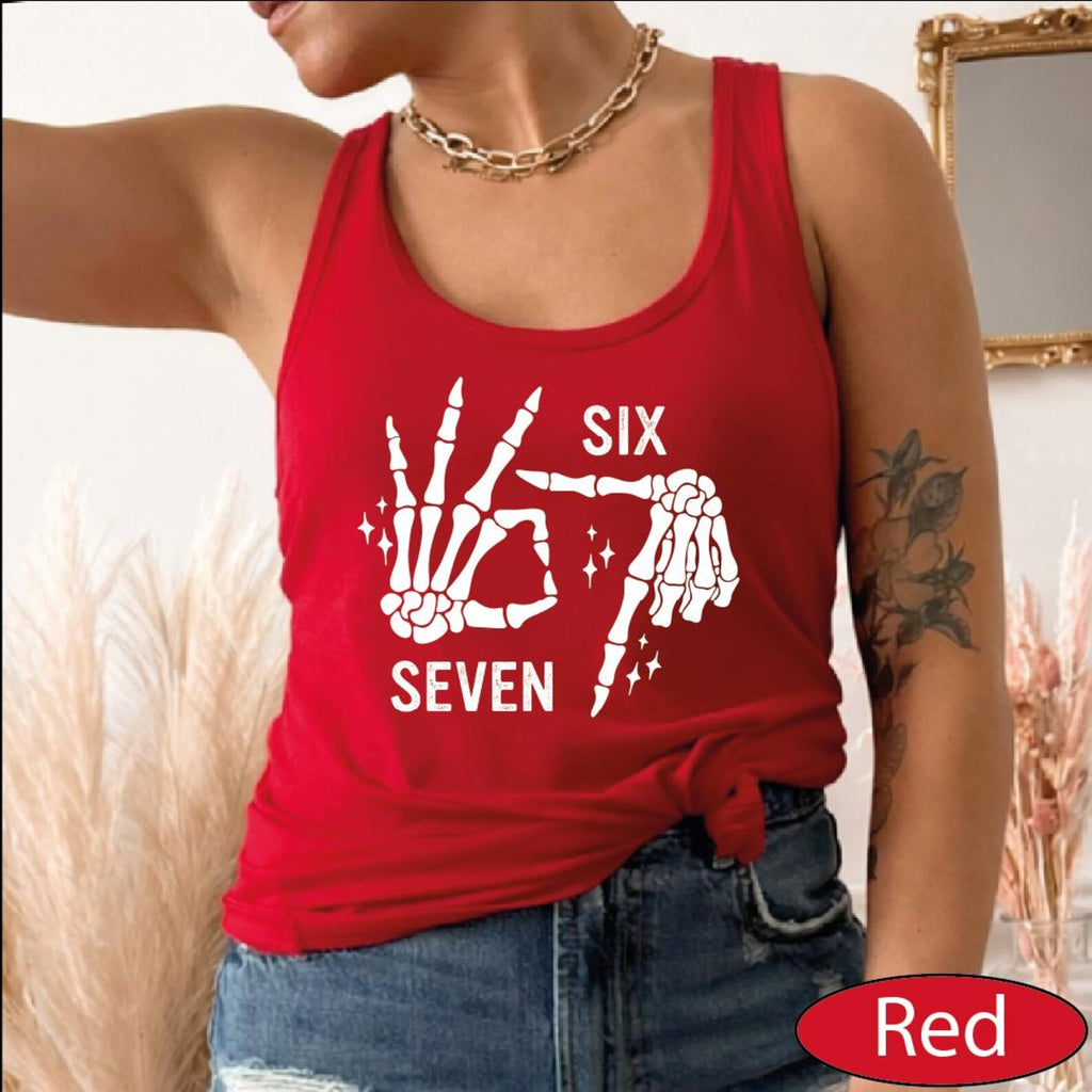 6 7 Skeleton Hand Tank Top, 67 Funny Meme CropTop, Six Seven Racerback Tanks