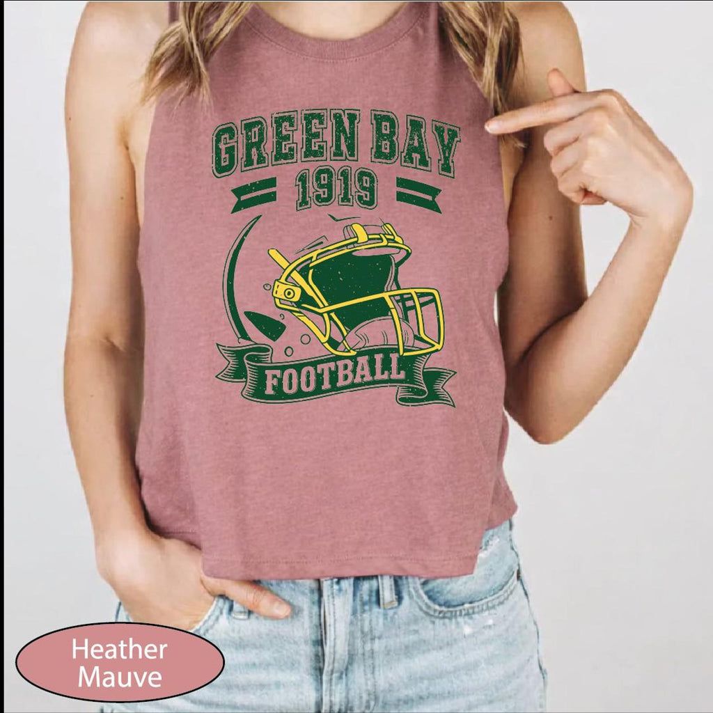 Vintage Green Bay Tank Top, Greenbay Football CropTop, Greenbay Helmet Racerback Tanks
