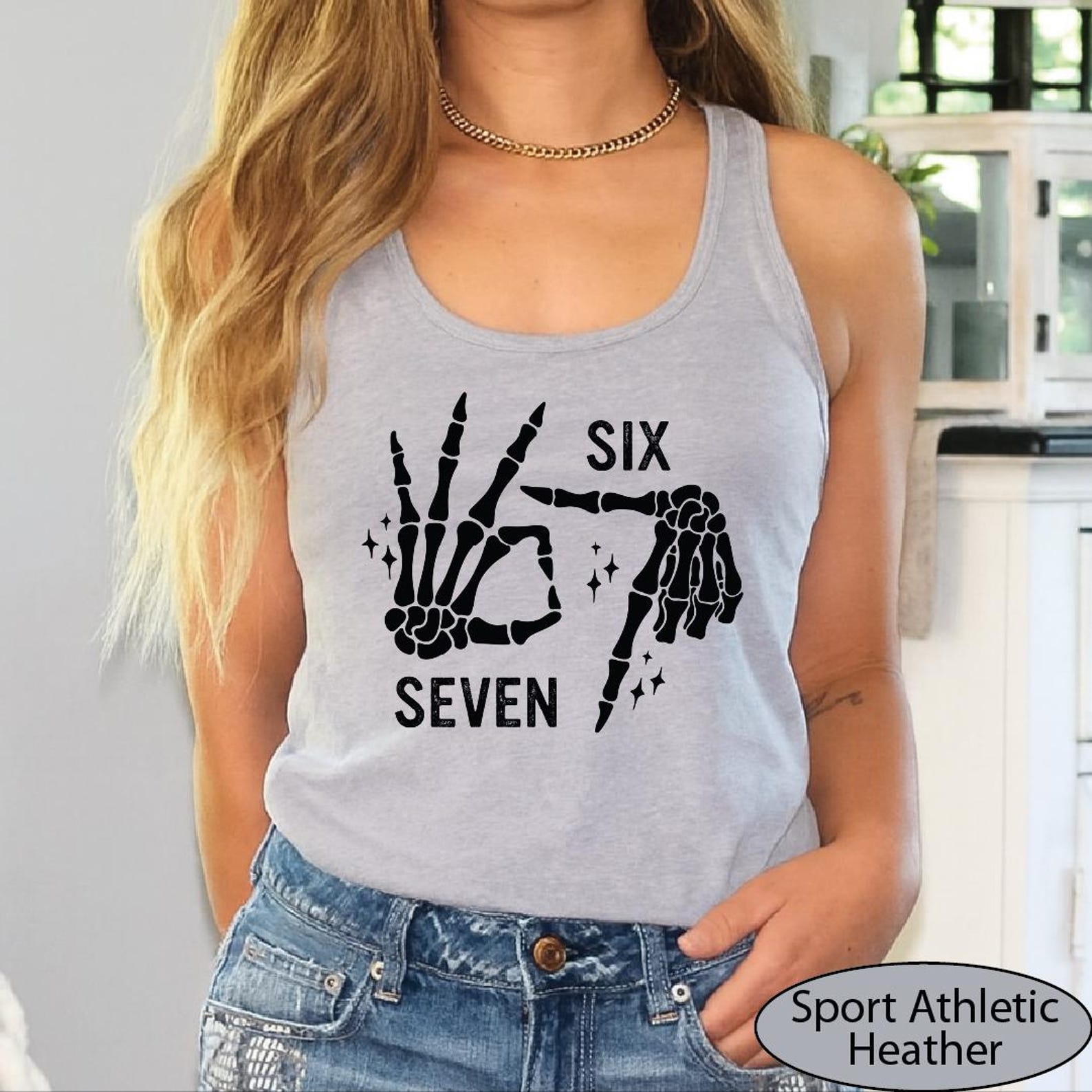 6 7 Skeleton Hand Tank Top, 67 Funny Meme CropTop, Six Seven Racerback Tanks