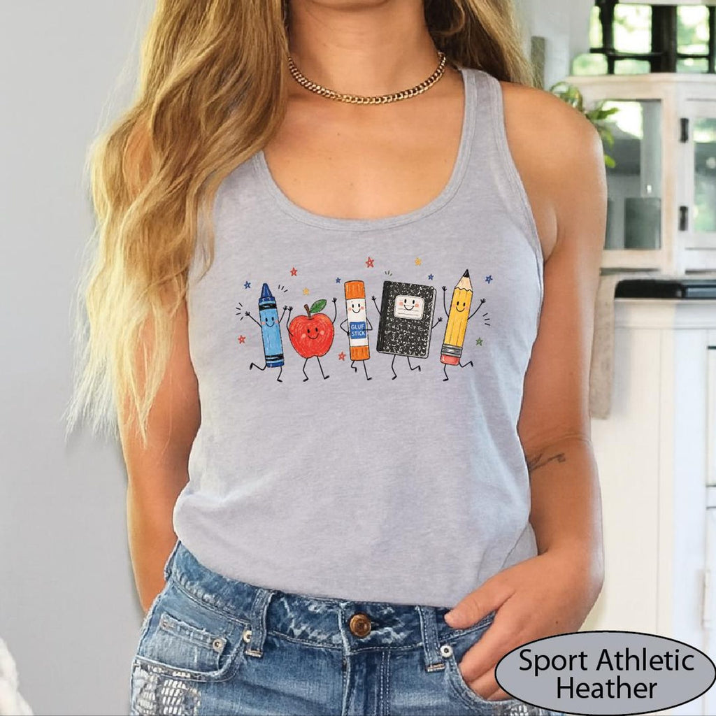 School Supplies Tank Top, Back to School CropTop, Crayon Apple Pencil Notebook Racerback Tanks