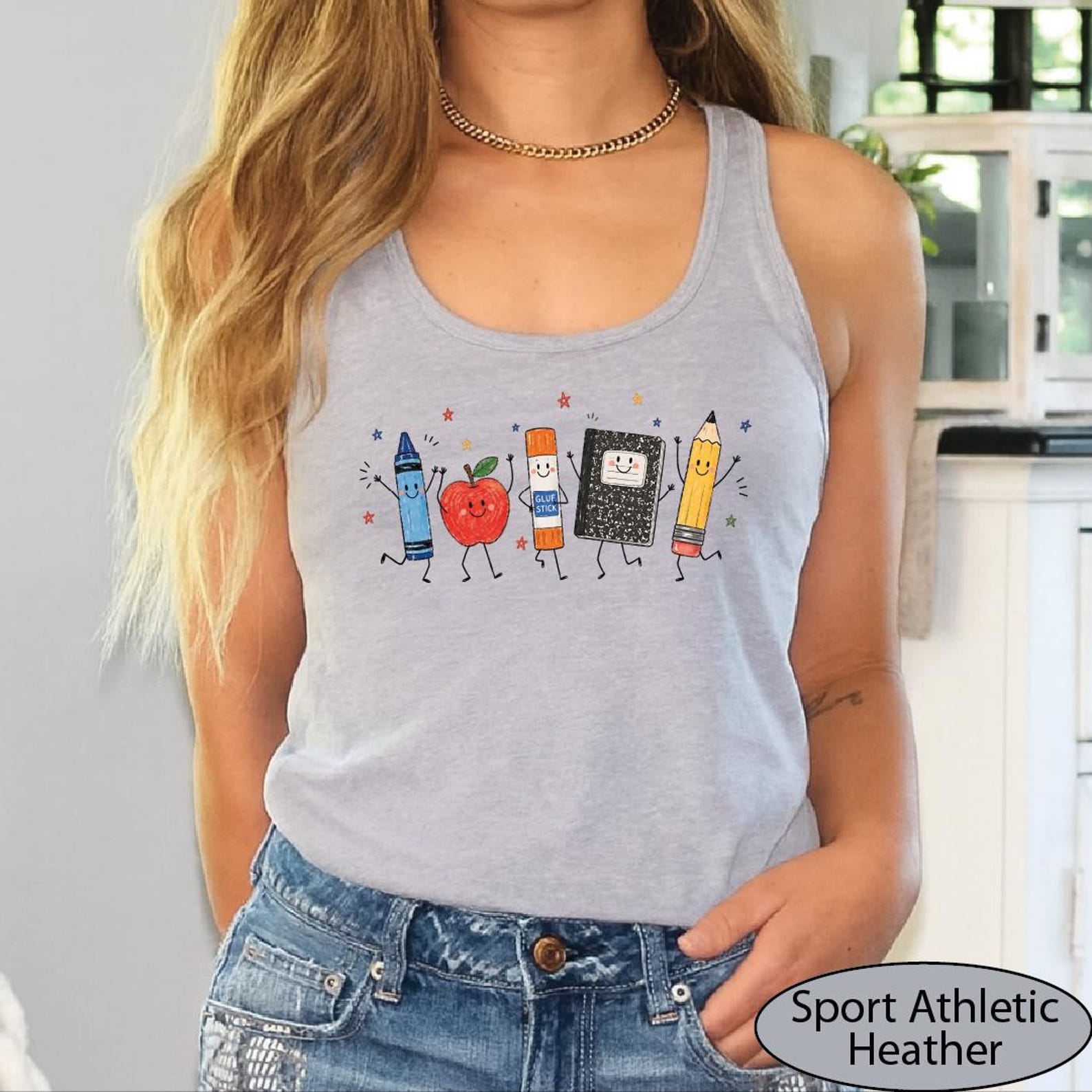 School Supplies Tank Top, Back to School CropTop, Crayon Apple Pencil Notebook Racerback Tanks