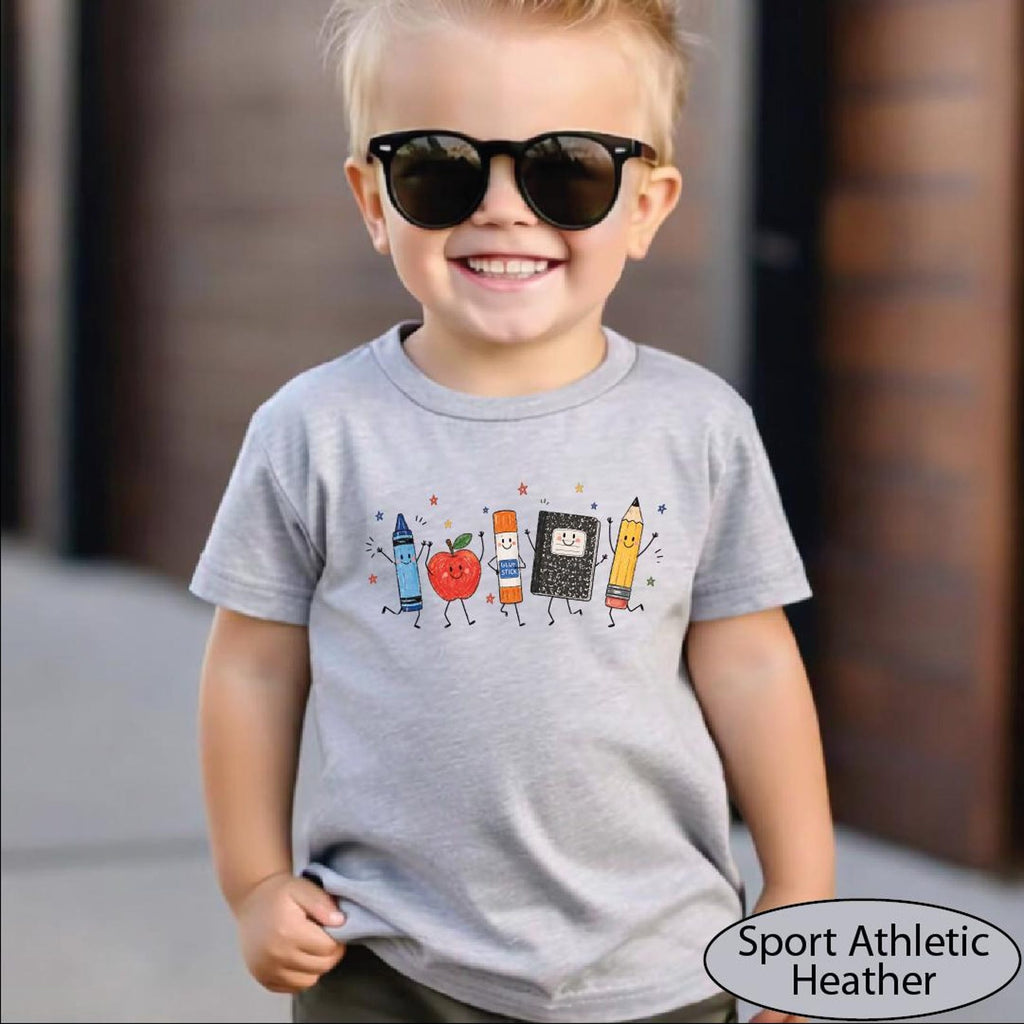 School Supplies Shirt, Back to School Tshirt, Crayon Apple Pencil Notebook Tee