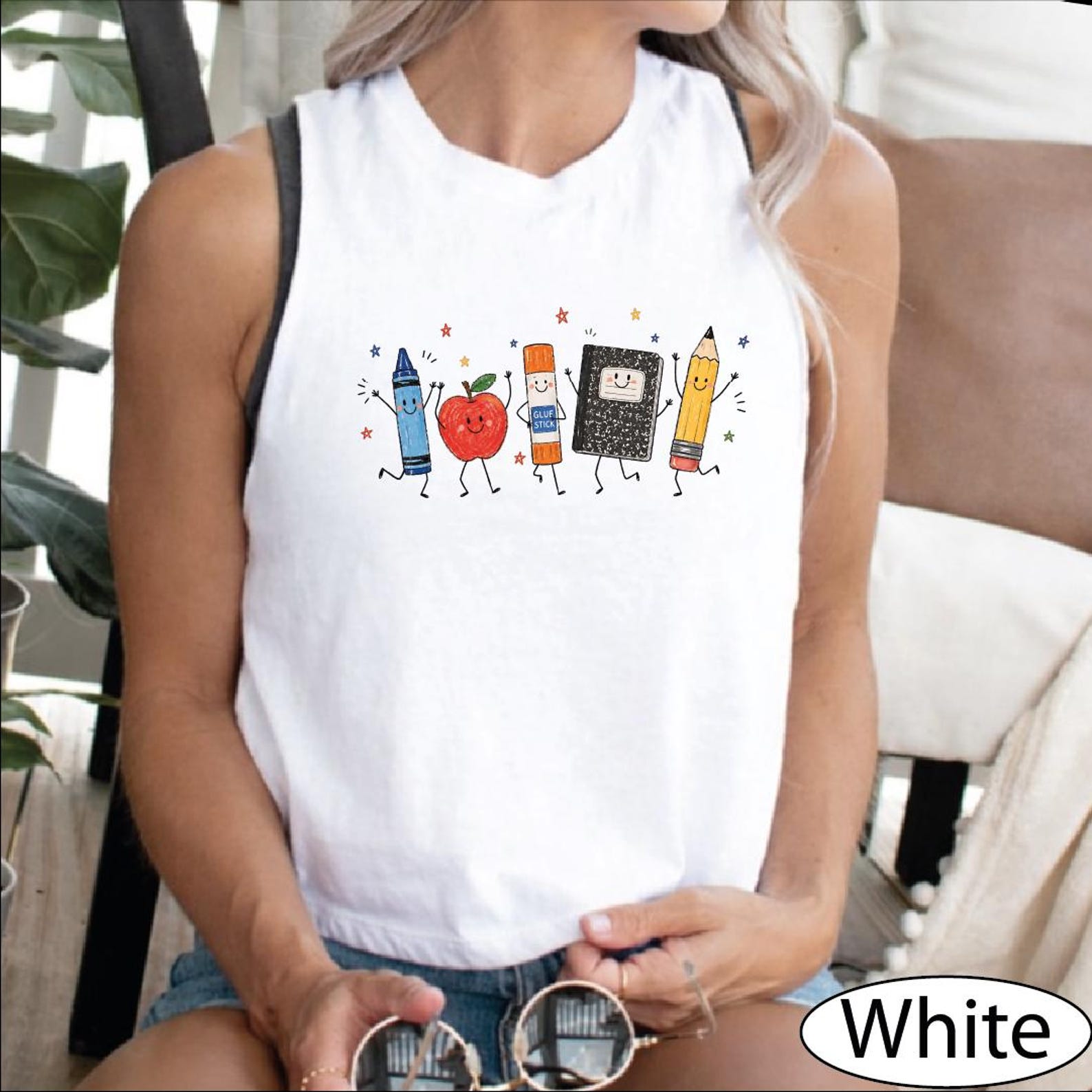 School Supplies Tank Top, Back to School CropTop, Crayon Apple Pencil Notebook Racerback Tanks