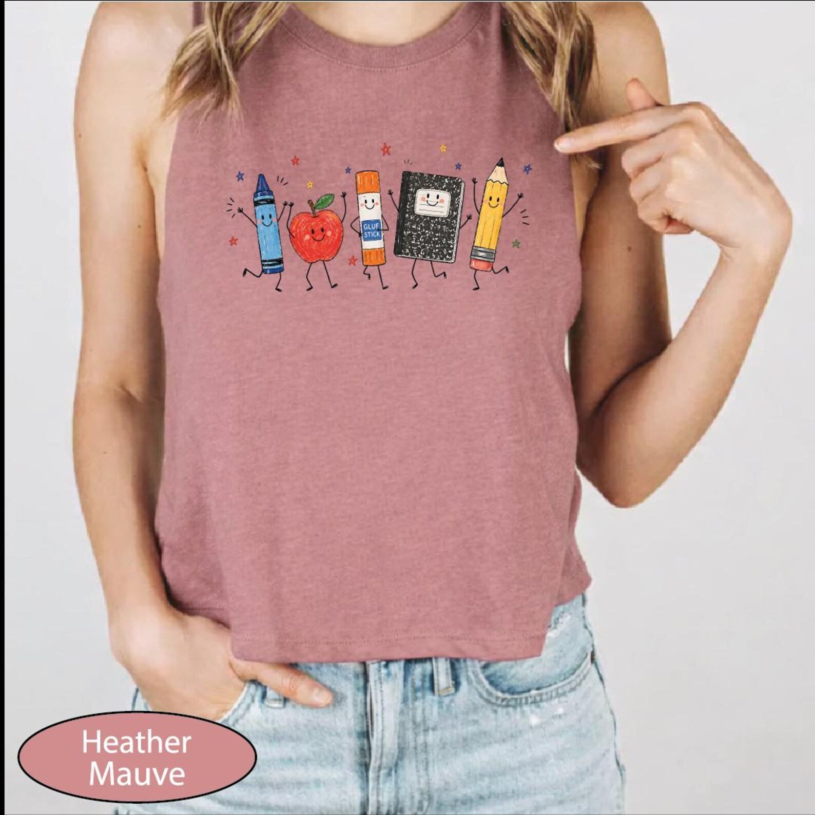 School Supplies Tank Top, Back to School CropTop, Crayon Apple Pencil Notebook Racerback Tanks