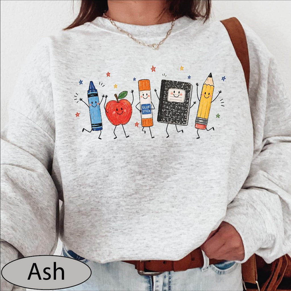 School Supplies Sweatshirt, Back to School Sweater, Crayon Apple Pencil Notebook Hoodie