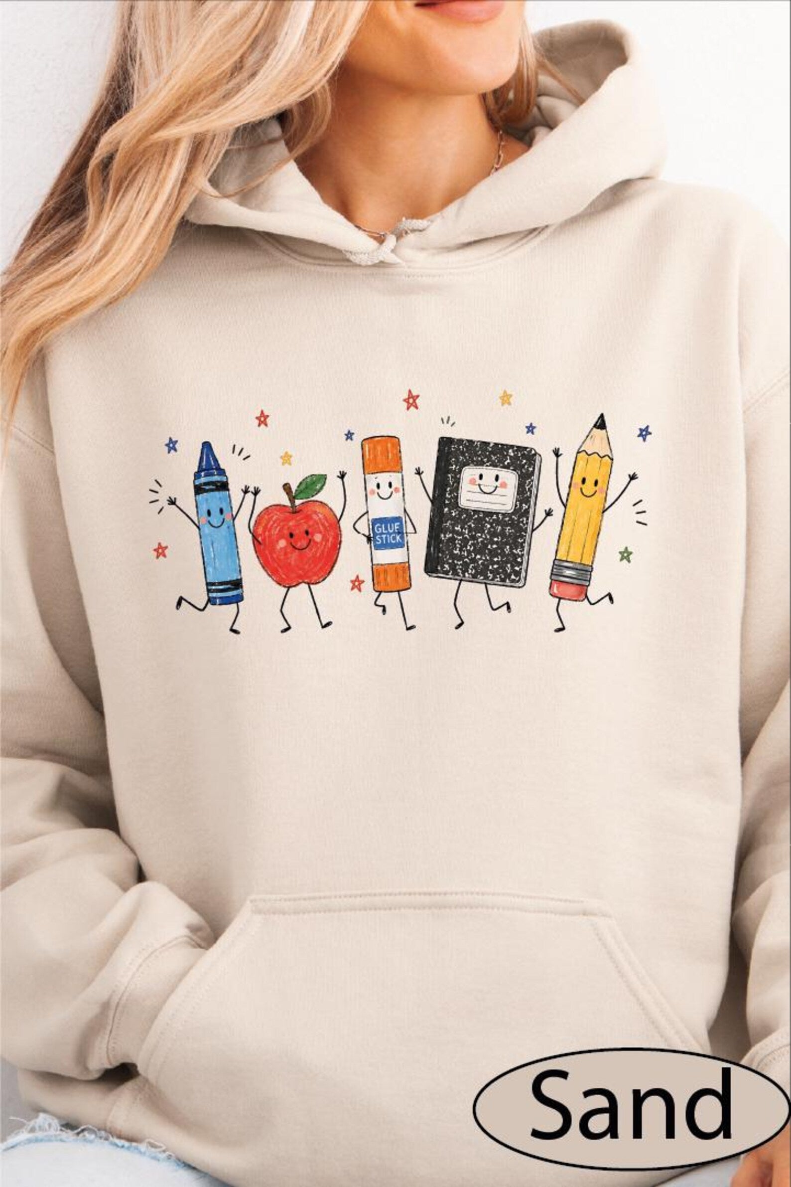 School Supplies Sweatshirt, Back to School Sweater, Crayon Apple Pencil Notebook Hoodie