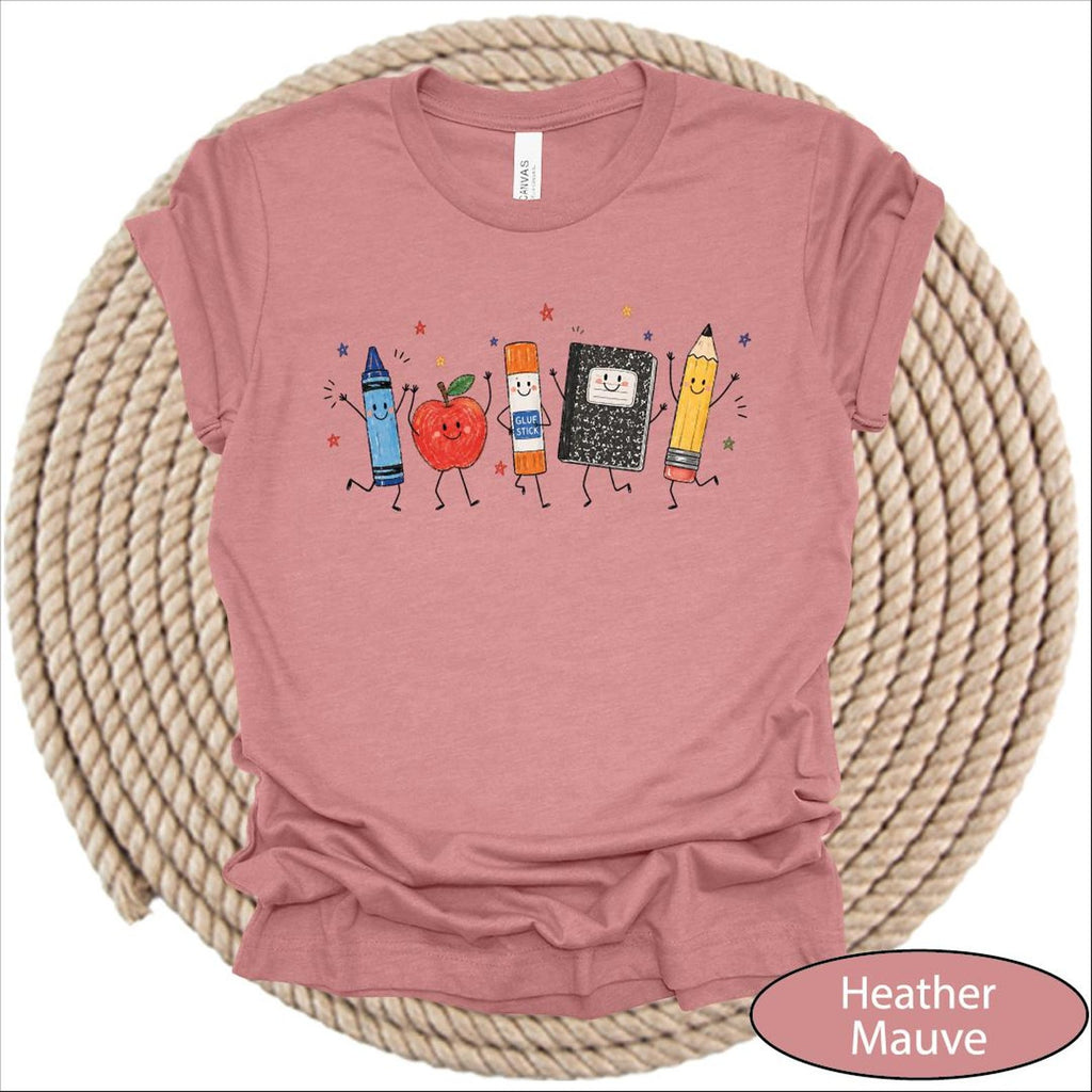 School Supplies Shirt, Back to School Tshirt, Crayon Apple Pencil Notebook Tee