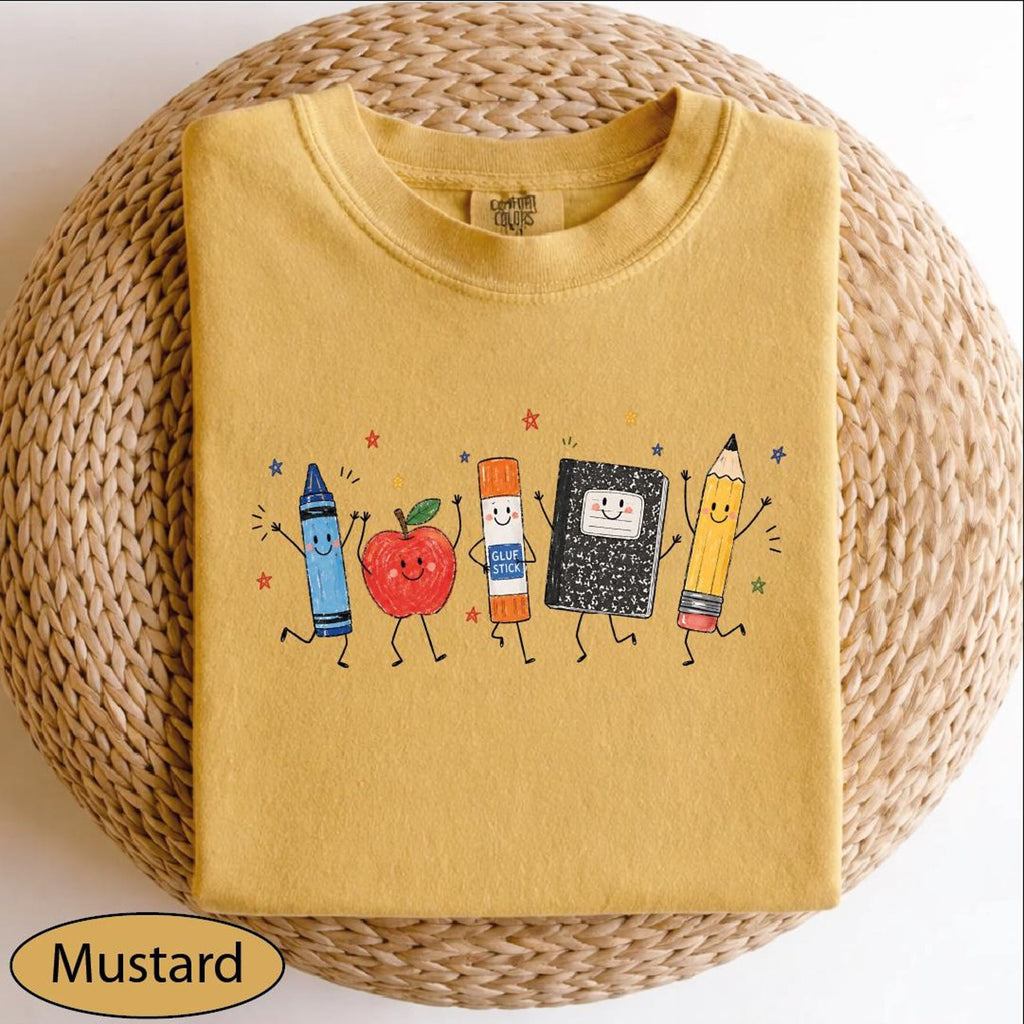 School Supplies Shirt, Back to School Tshirt, Crayon Apple Pencil Notebook Tee