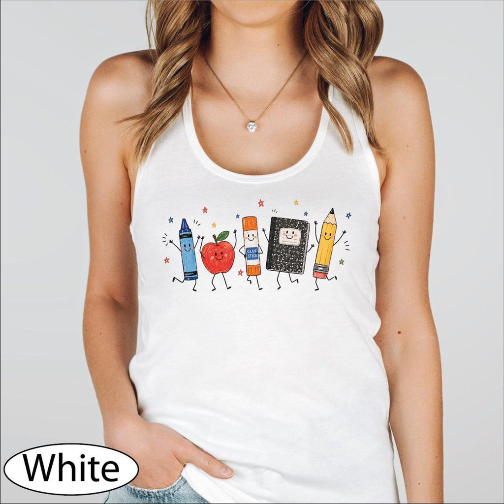 School Supplies Tank Top, Back to School CropTop, Crayon Apple Pencil Notebook Racerback Tanks