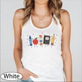 School Supplies Tank Top, Back to School CropTop, Crayon Apple Pencil Notebook Racerback Tanks
