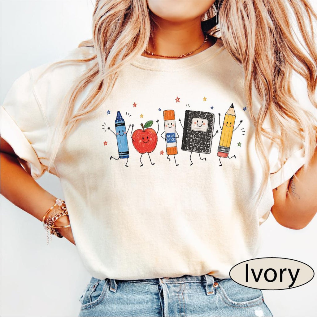 School Supplies Shirt, Back to School Tshirt, Crayon Apple Pencil Notebook Tee