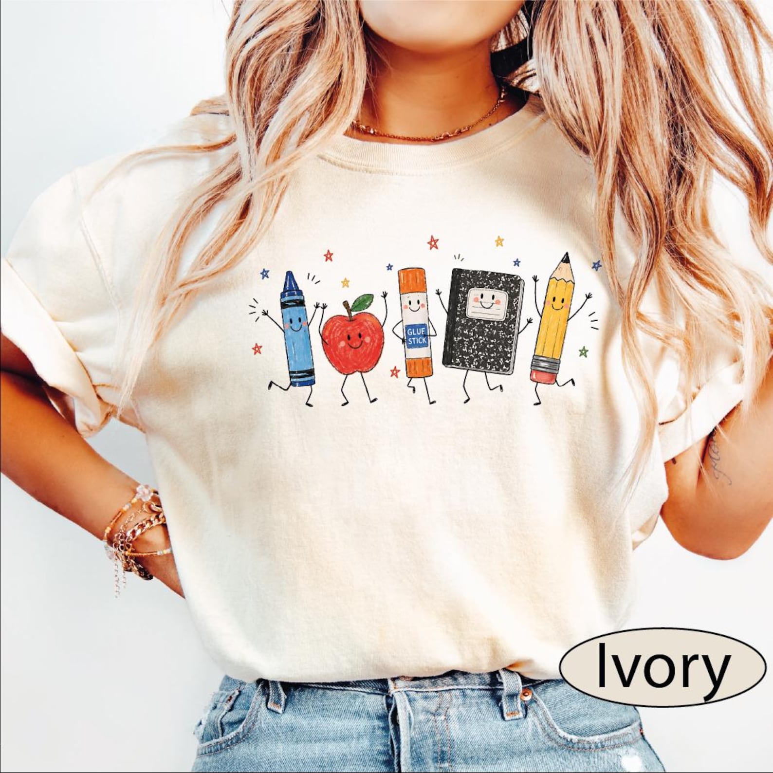 School Supplies Shirt, Back to School Tshirt, Crayon Apple Pencil Notebook Tee