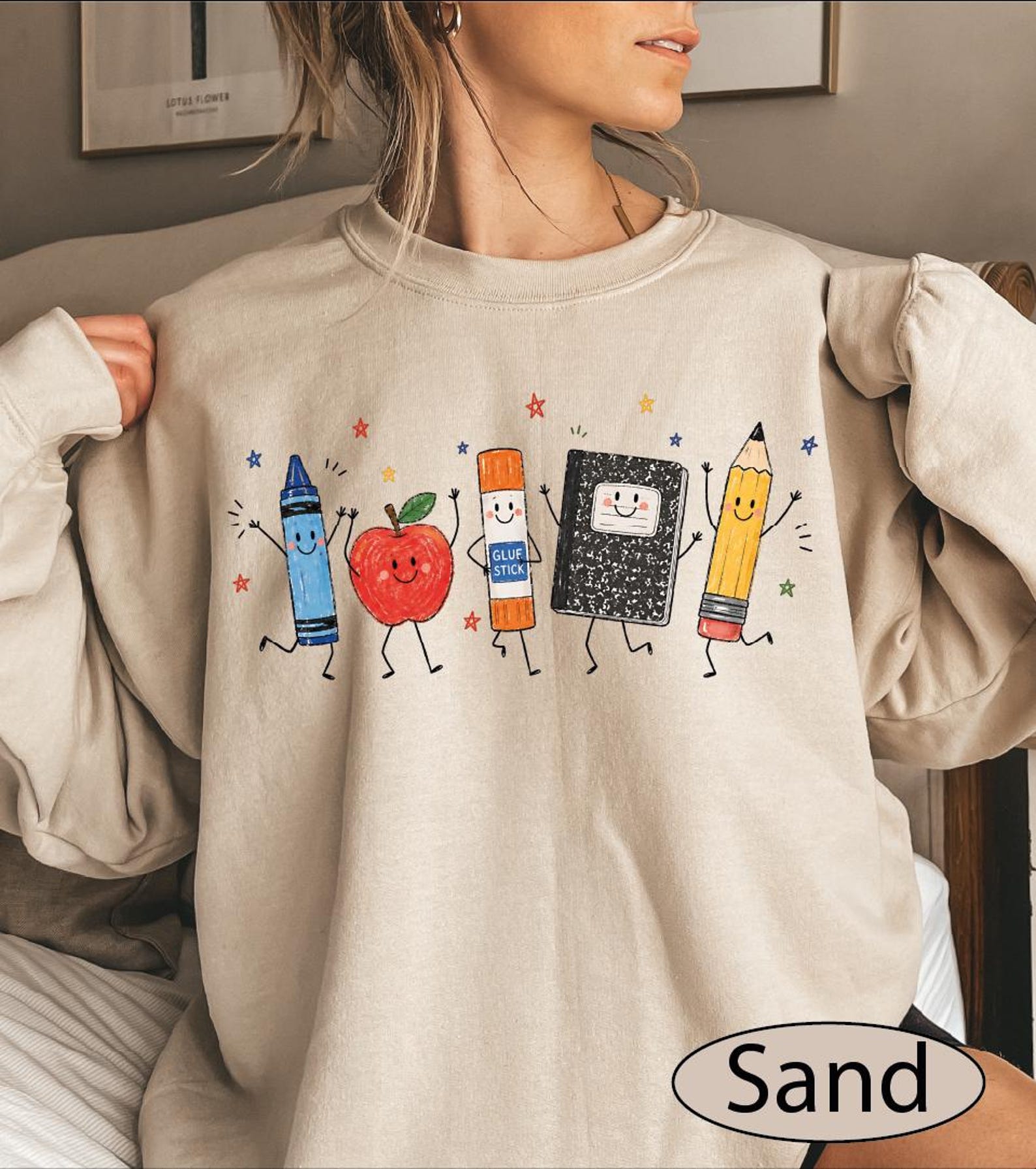 School Supplies Sweatshirt, Back to School Sweater, Crayon Apple Pencil Notebook Hoodie
